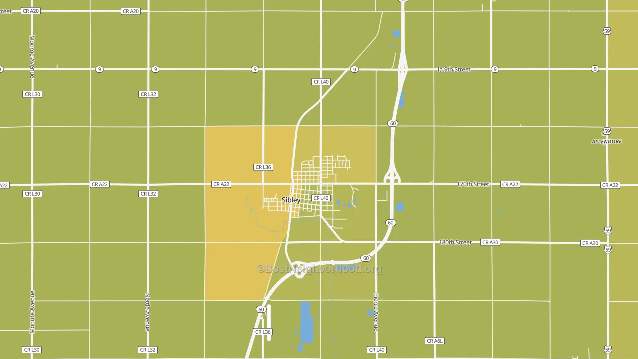 Map of the best neighborhoods in the 51249 area, with better matches in green and worse matches in red