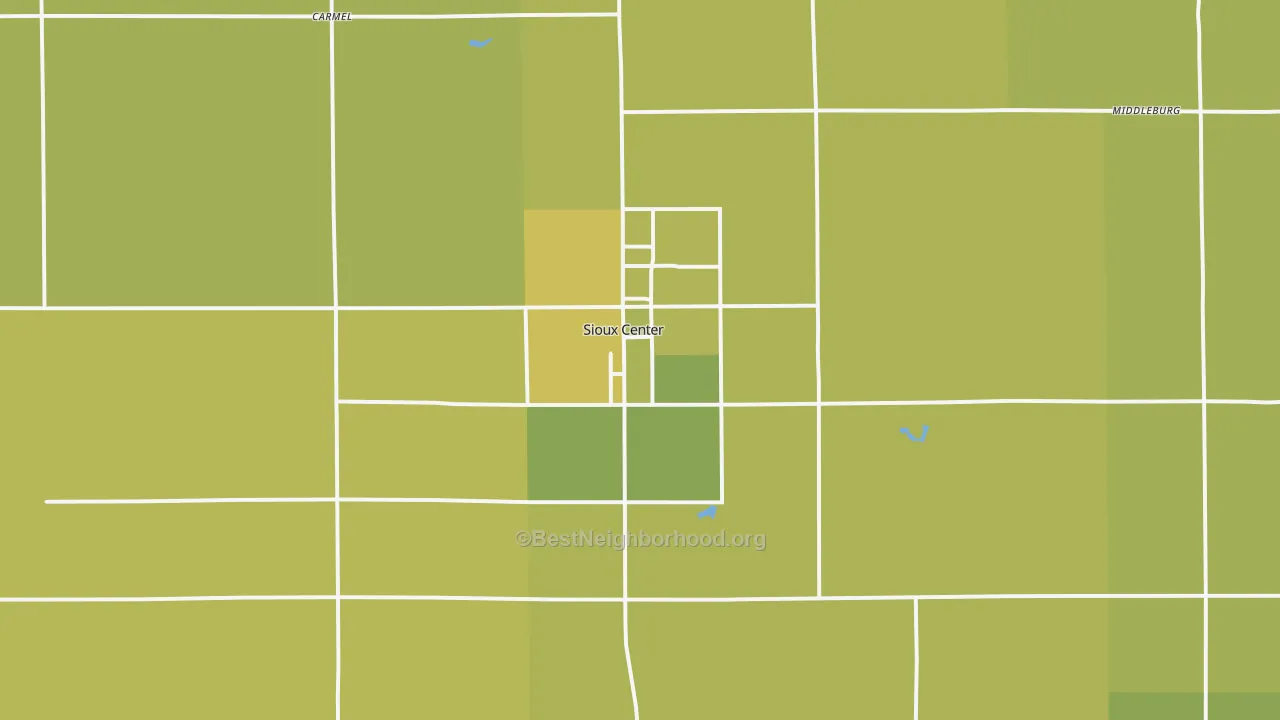 Map of the best neighborhoods in the 51250 area, with better matches in green and worse matches in red