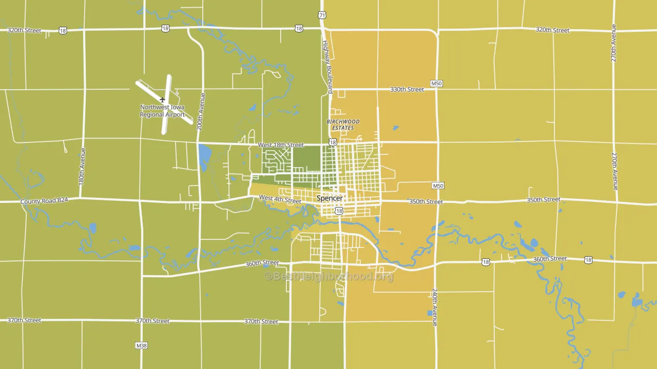 Map of the best neighborhoods in the 51301 area, with better matches in green and worse matches in red