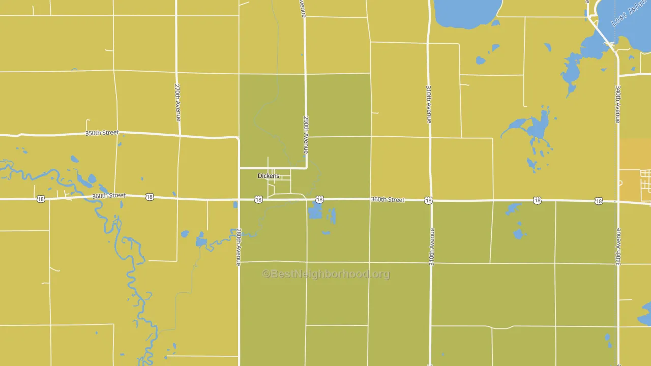 Map of the best neighborhoods in the 51333 area, with better matches in green and worse matches in red
