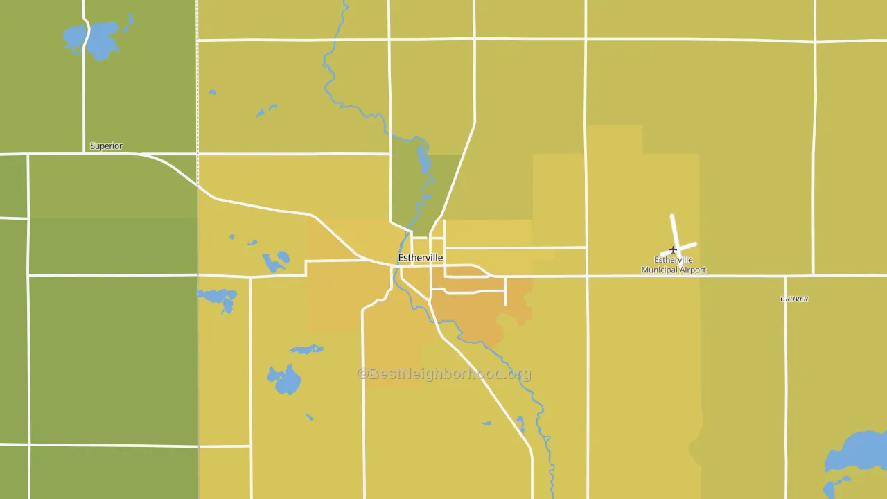 Map of the best neighborhoods in the 51334 area, with better matches in green and worse matches in red