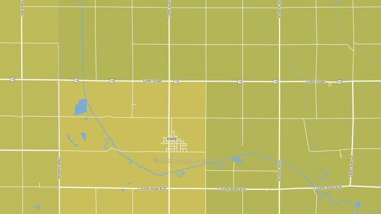 Map of the best neighborhoods in the 51338 area, with better matches in green and worse matches in red