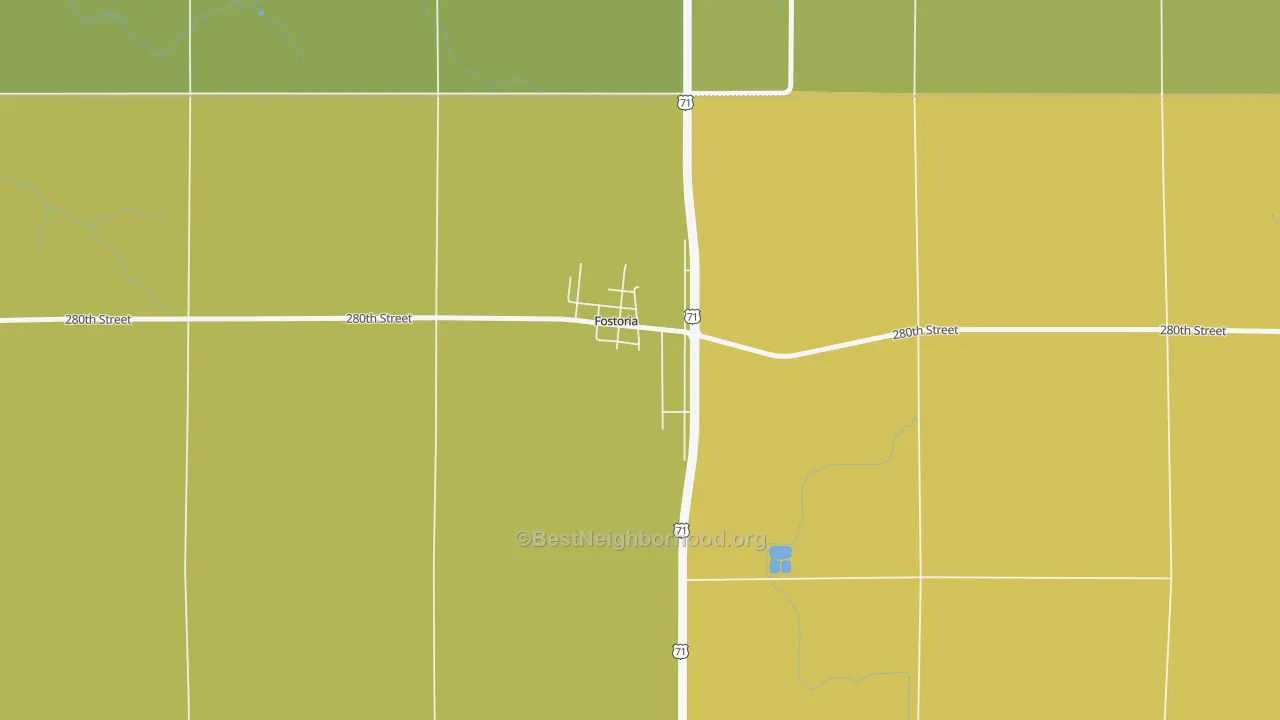 Map of the best neighborhoods in the 51340 area, with better matches in green and worse matches in red