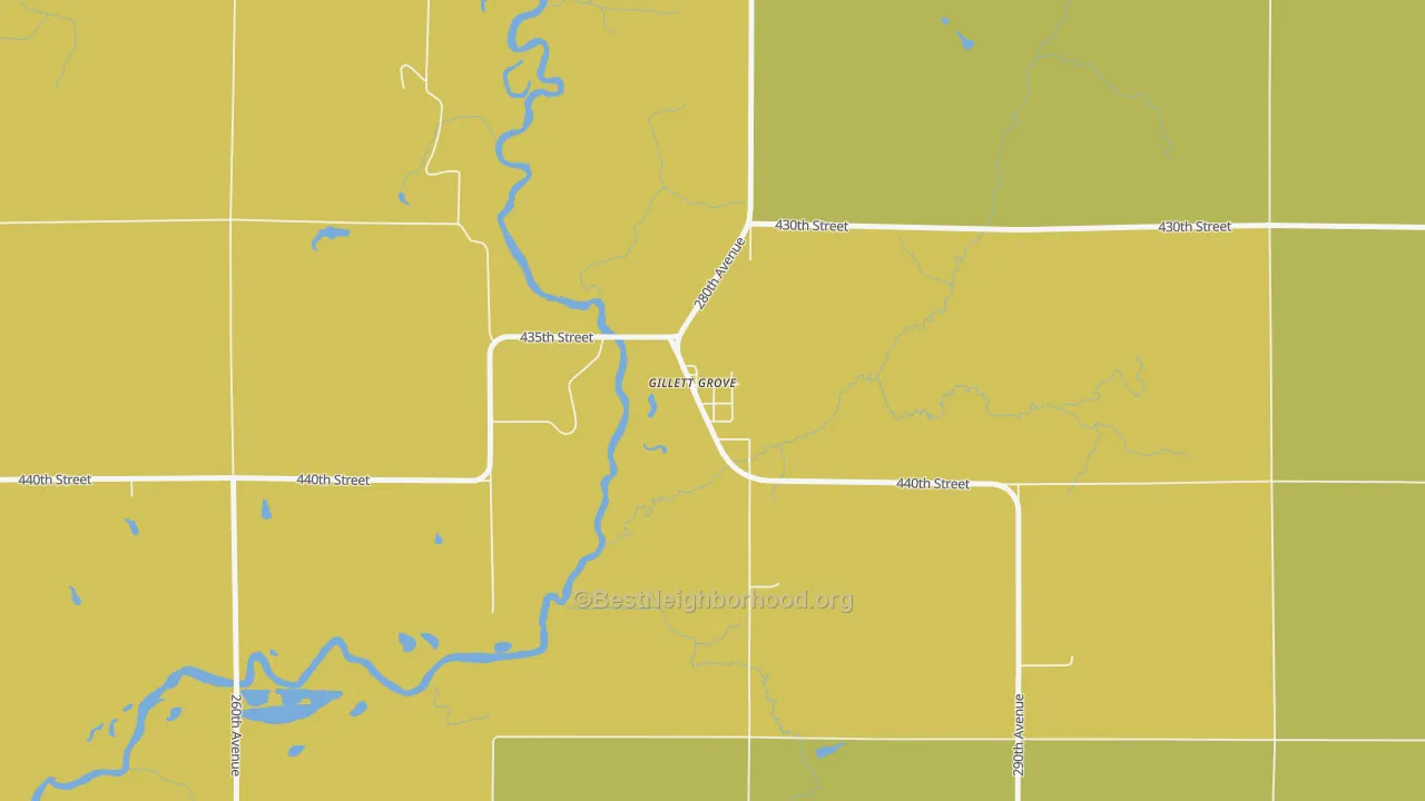Map of the best neighborhoods in the 51341 area, with better matches in green and worse matches in red
