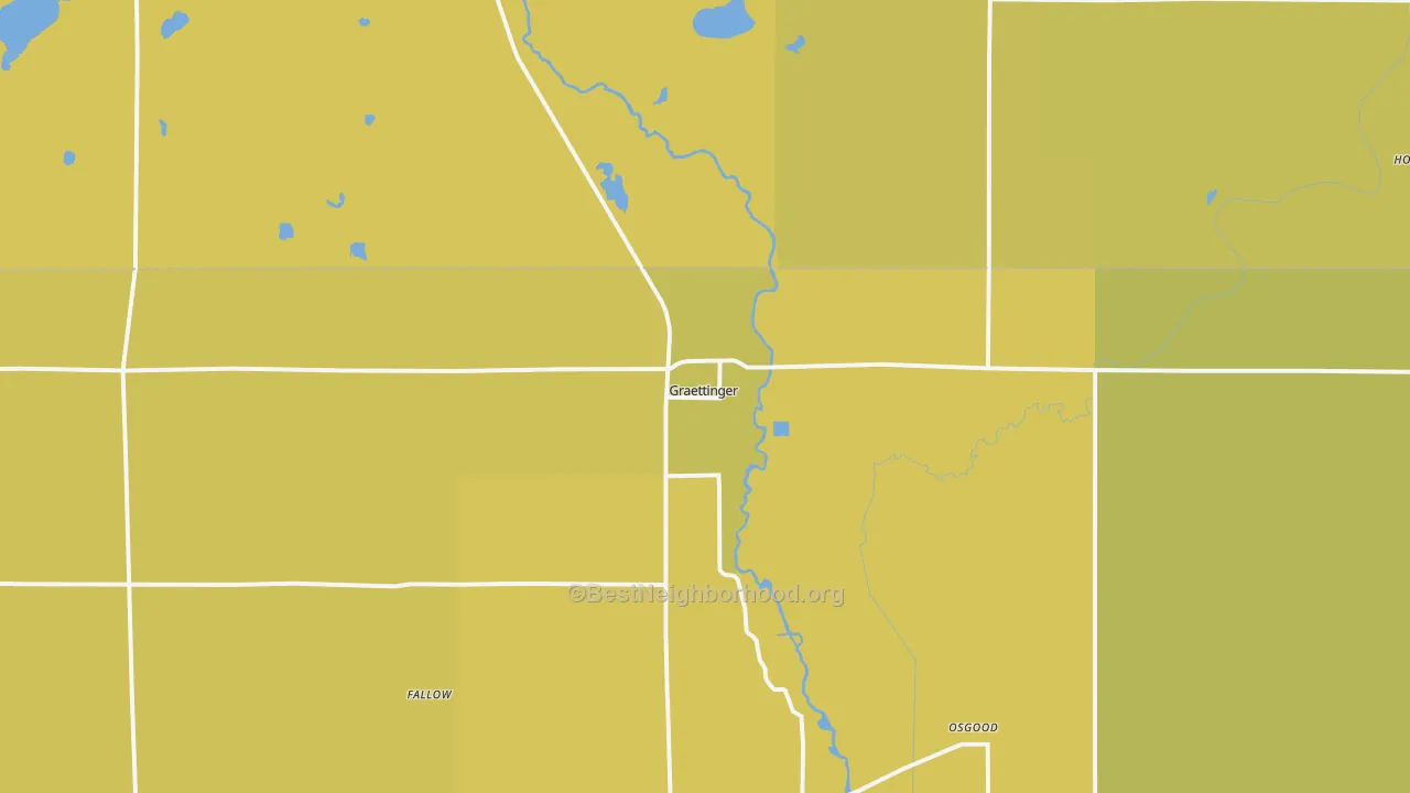 Map of the best neighborhoods in the 51342 area, with better matches in green and worse matches in red
