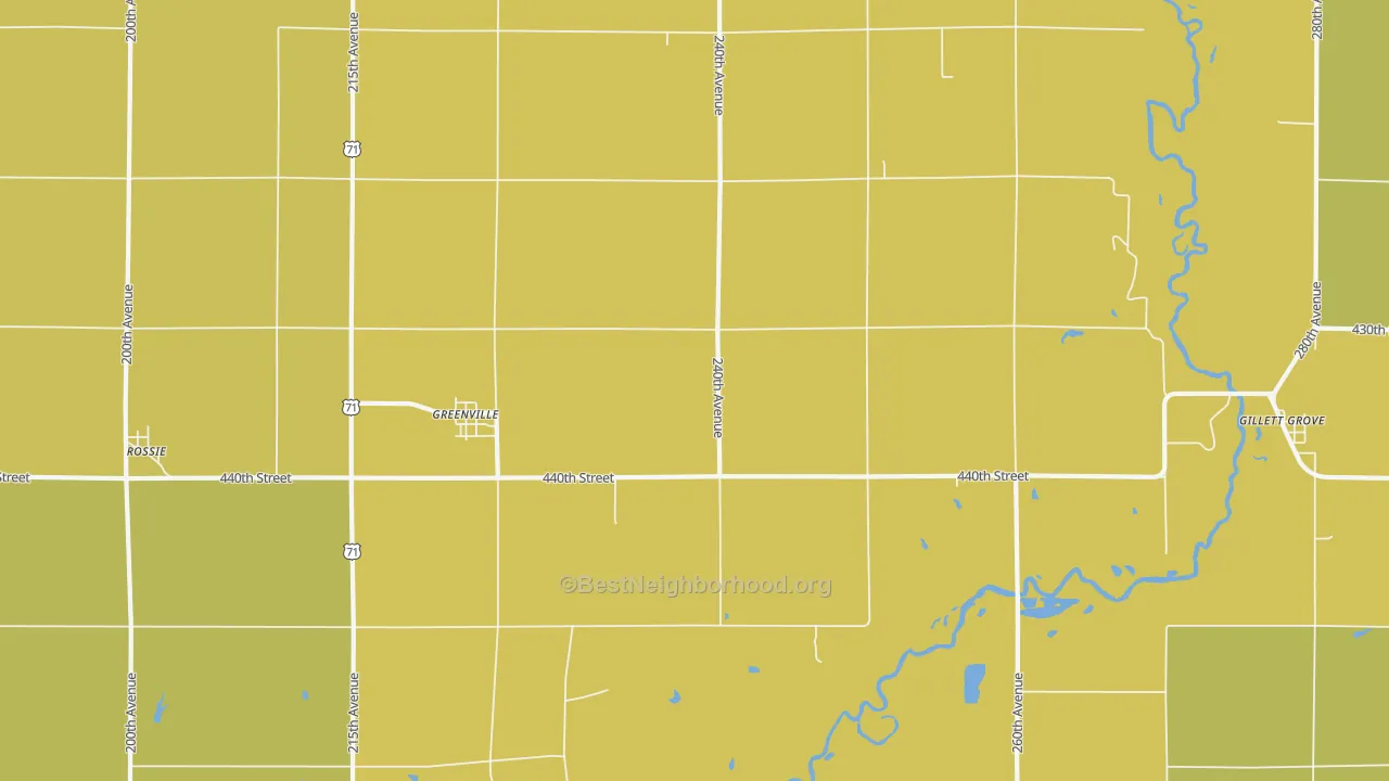 Map of the best neighborhoods in the 51343 area, with better matches in green and worse matches in red