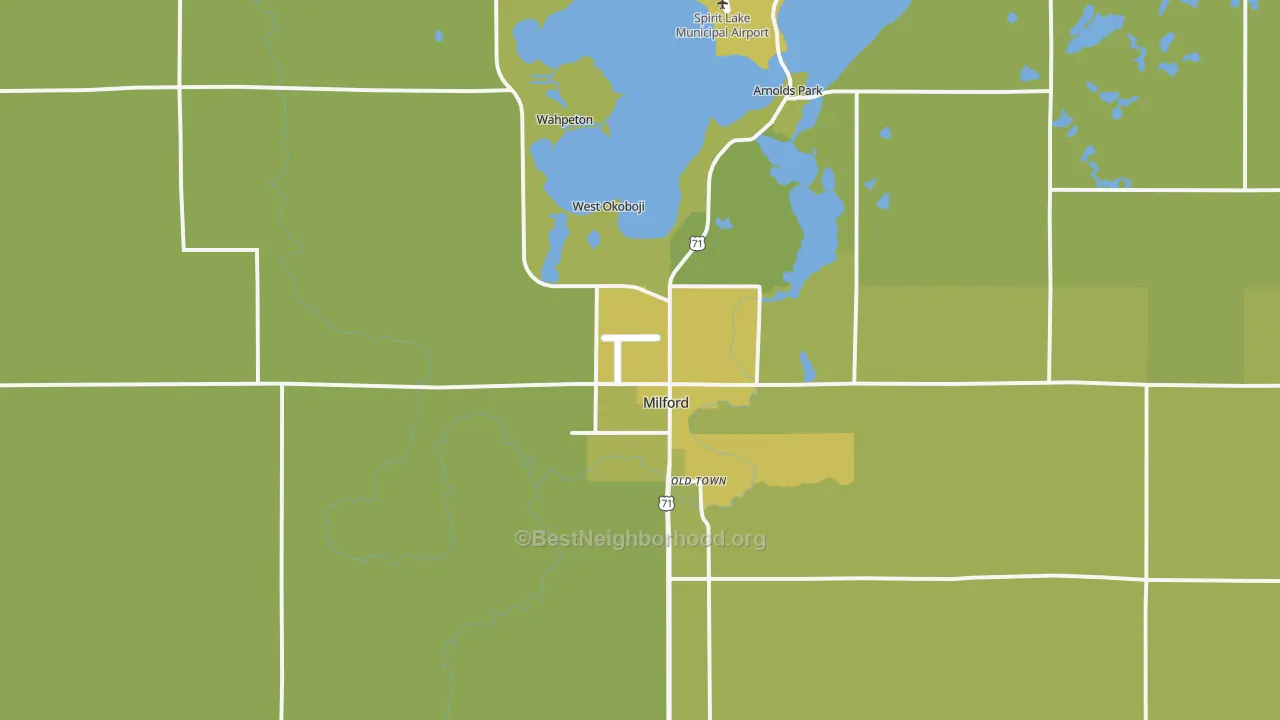 Map of the best neighborhoods in the 51351 area, with better matches in green and worse matches in red