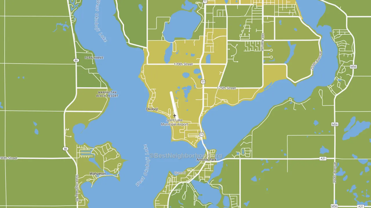 Map of the best neighborhoods in the 51355 area, with better matches in green and worse matches in red