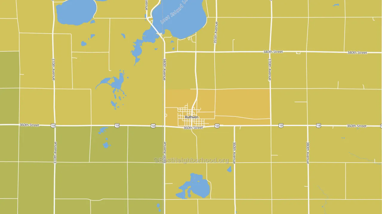 Map of the best neighborhoods in the 51358 area, with better matches in green and worse matches in red
