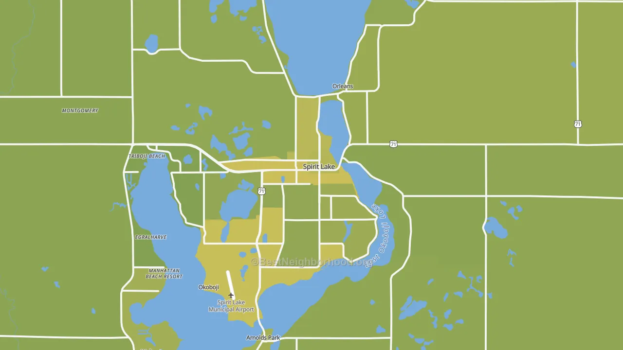 Map of the best neighborhoods in the 51360 area, with better matches in green and worse matches in red