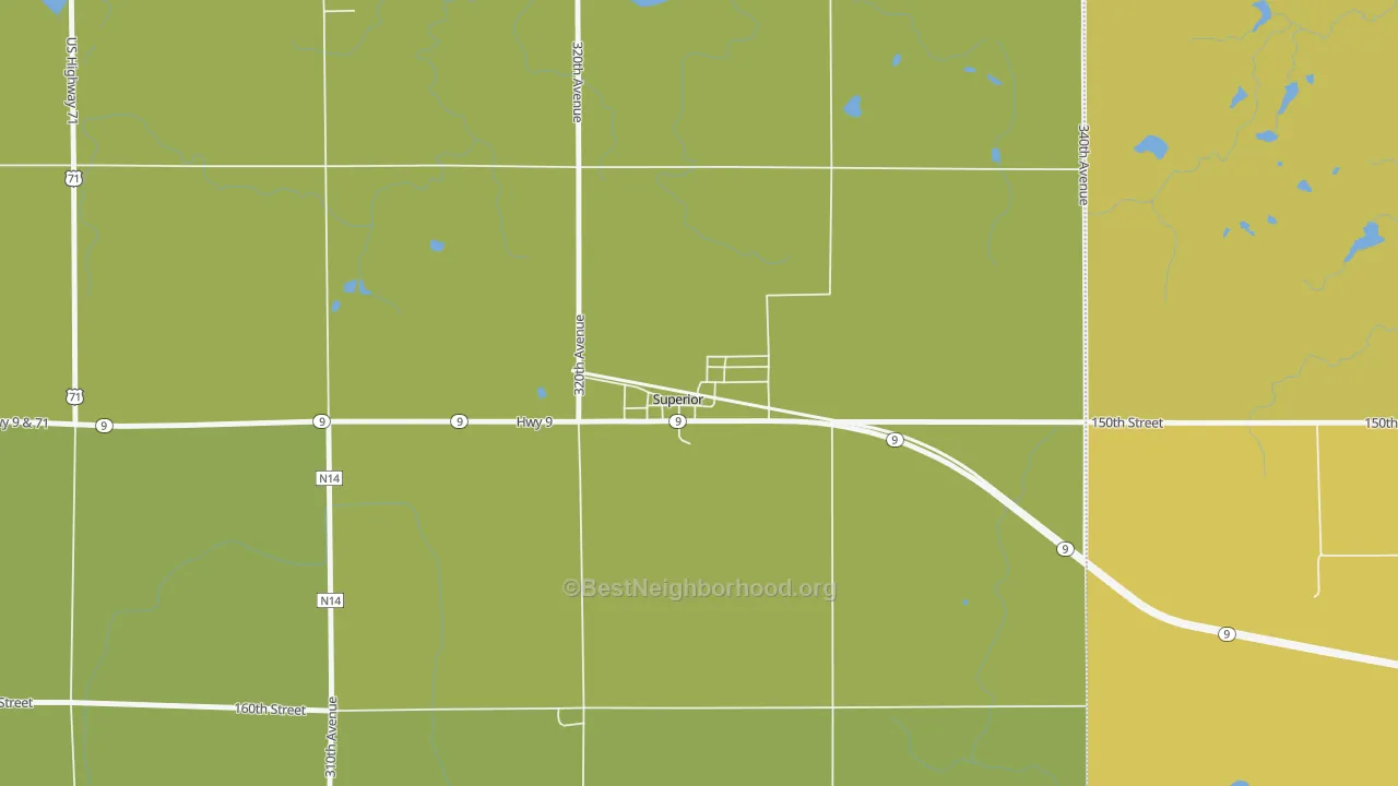 Map of the best neighborhoods in the 51363 area, with better matches in green and worse matches in red