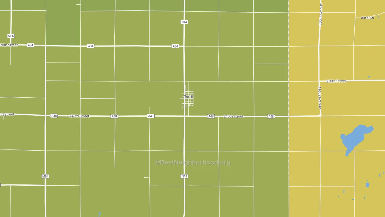 Map of the best neighborhoods in the 51364 area, with better matches in green and worse matches in red