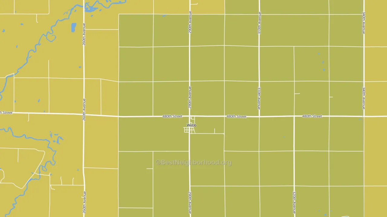 Map of the best neighborhoods in the 51366 area, with better matches in green and worse matches in red