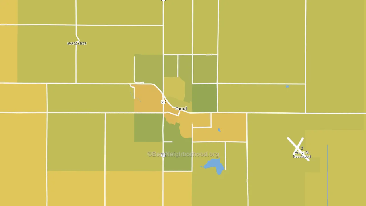 Map of the best neighborhoods in the 51401 area, with better matches in green and worse matches in red