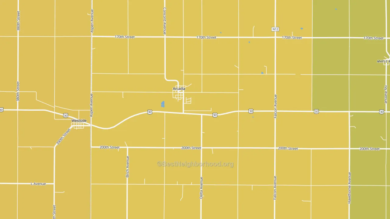 Map of the best neighborhoods in the 51430 area, with better matches in green and worse matches in red
