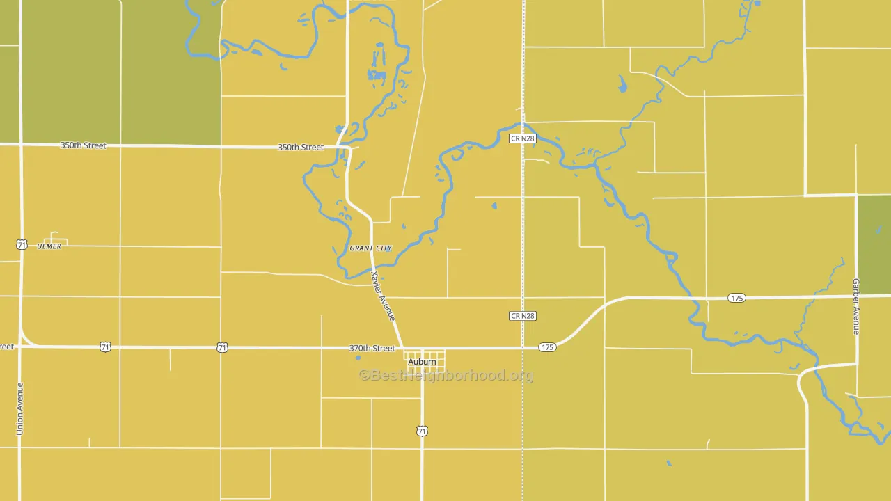 Map of the best neighborhoods in the 51433 area, with better matches in green and worse matches in red