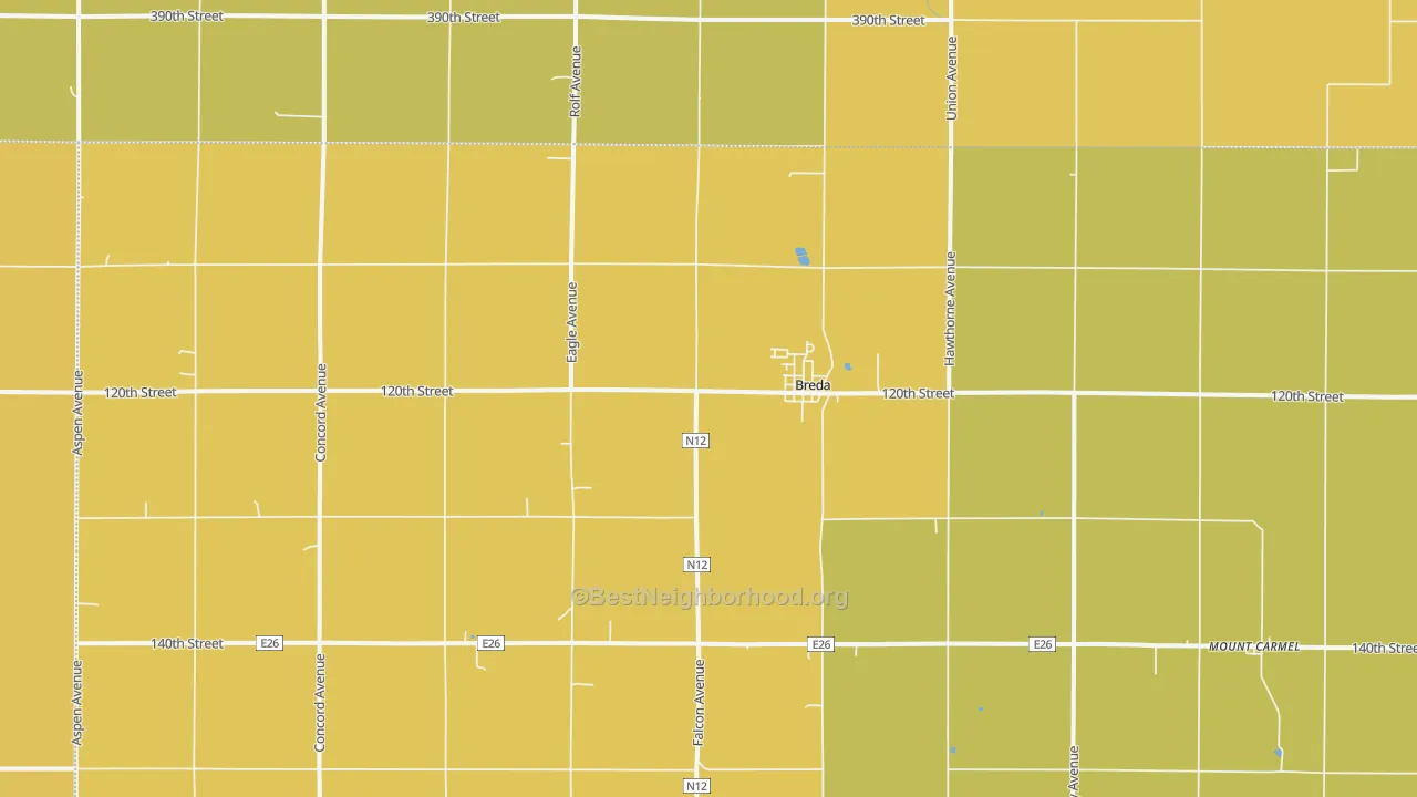 Map of the best neighborhoods in the 51436 area, with better matches in green and worse matches in red