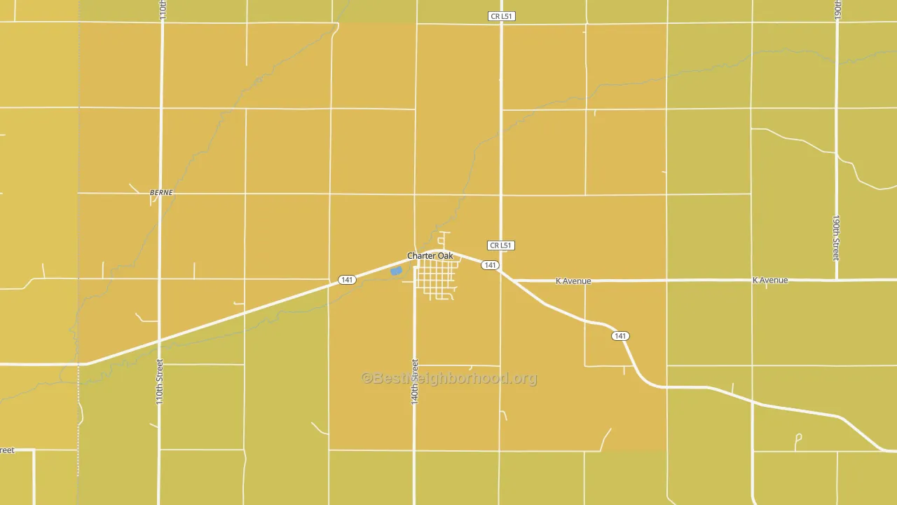 Map of the best neighborhoods in the 51439 area, with better matches in green and worse matches in red