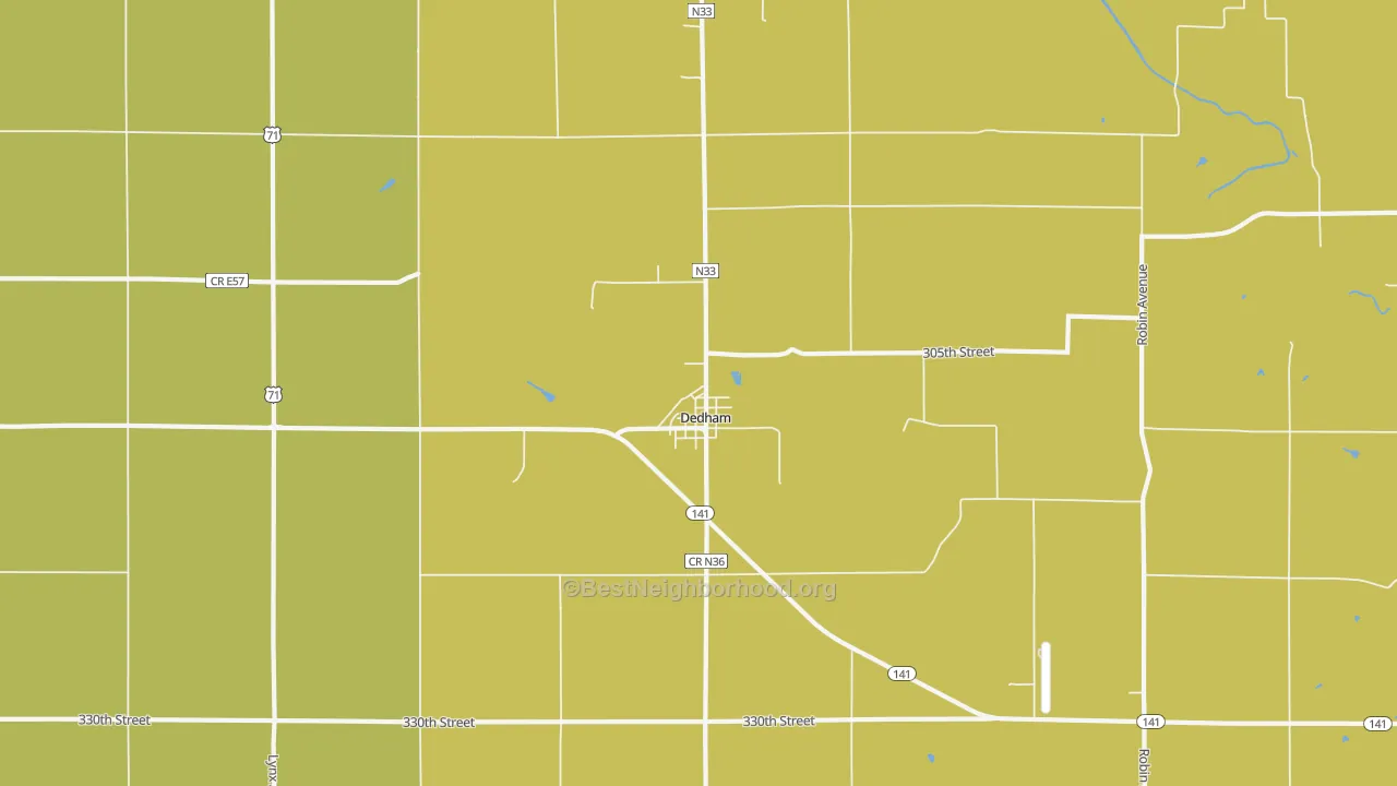 Map of the best neighborhoods in the 51440 area, with better matches in green and worse matches in red