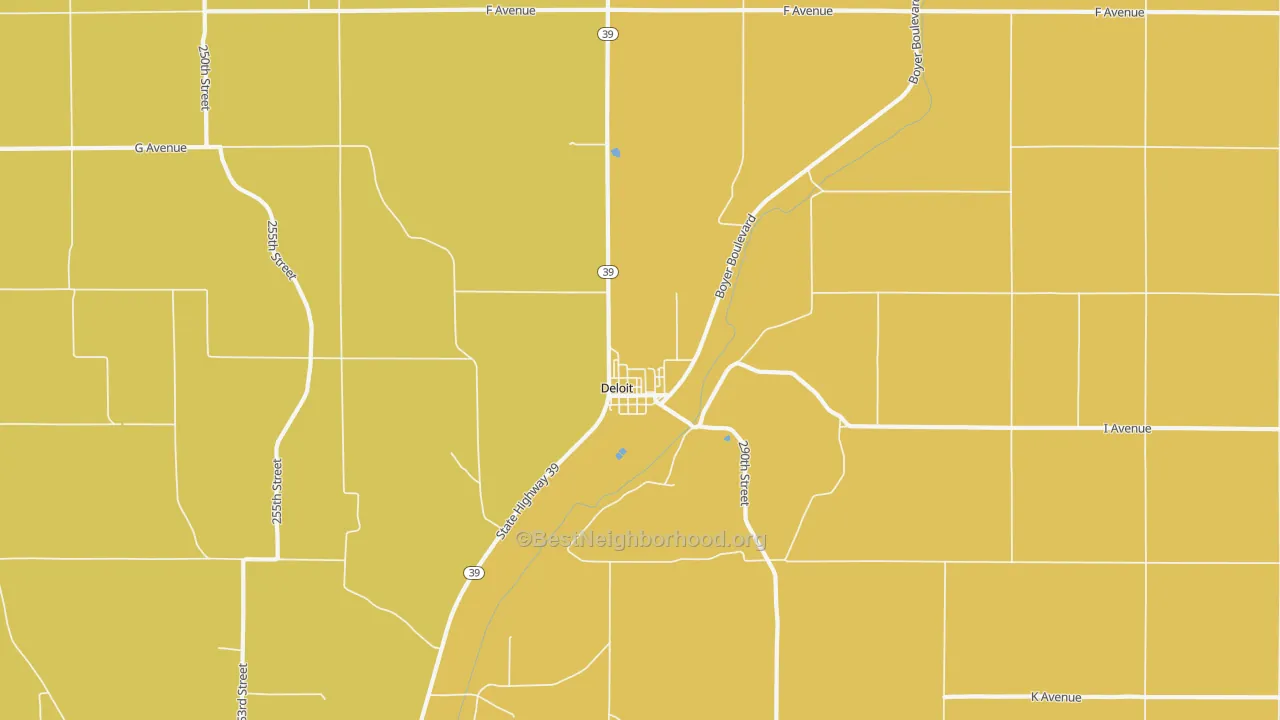 Map of the best neighborhoods in the 51441 area, with better matches in green and worse matches in red