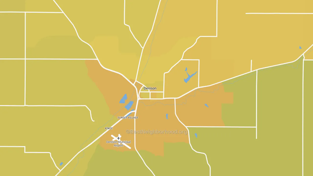 Map of the best neighborhoods in the 51442 area, with better matches in green and worse matches in red