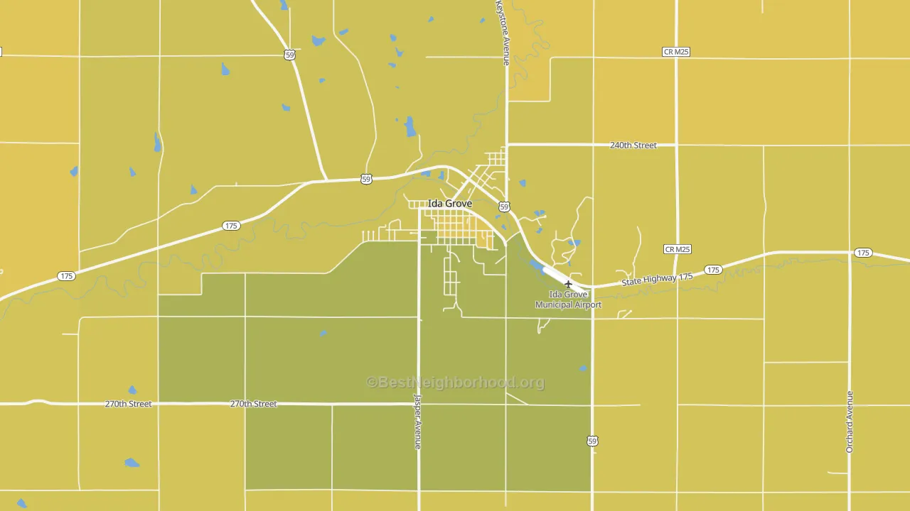 Map of the best neighborhoods in the 51445 area, with better matches in green and worse matches in red