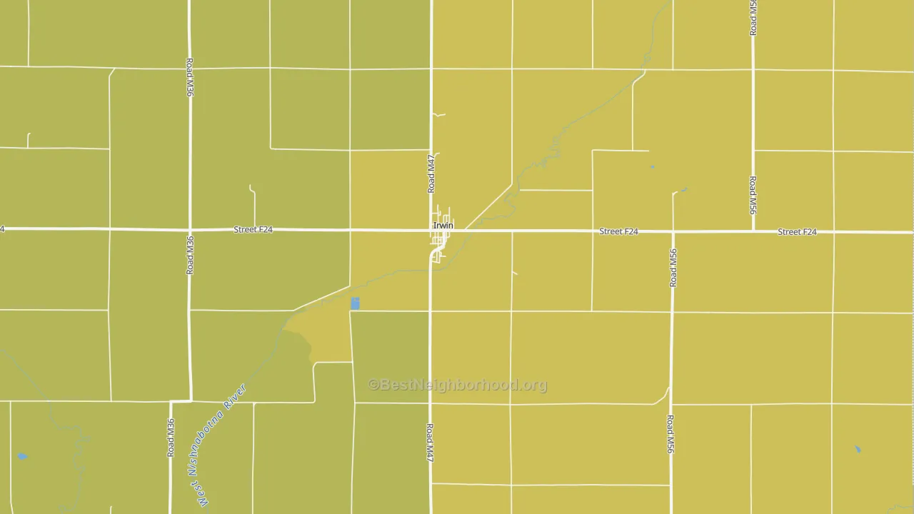 Map of the best neighborhoods in the 51446 area, with better matches in green and worse matches in red