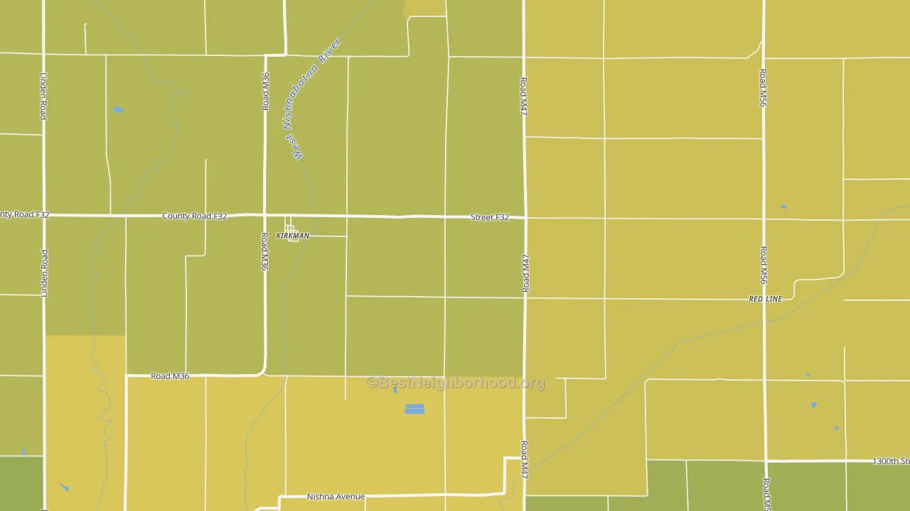 Map of the best neighborhoods in the 51447 area, with better matches in green and worse matches in red