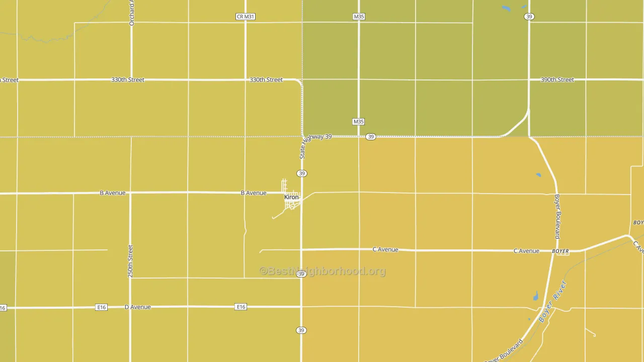 Map of the best neighborhoods in the 51448 area, with better matches in green and worse matches in red