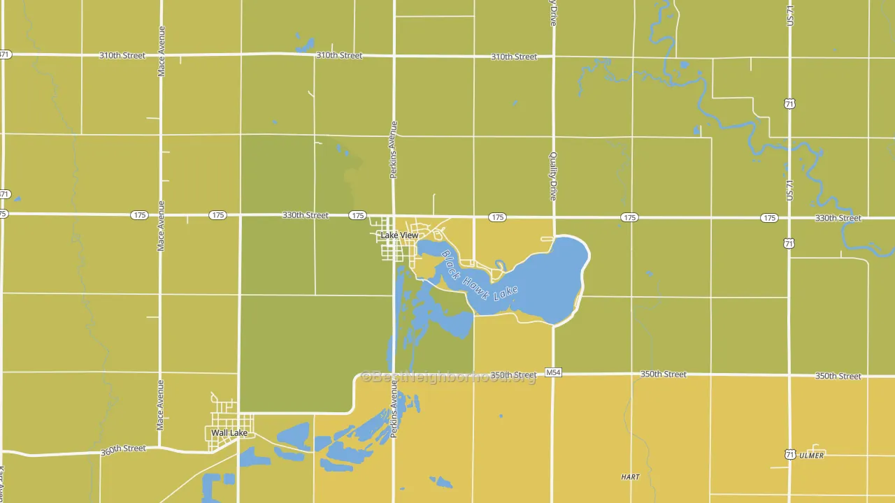 Map of the best neighborhoods in the 51450 area, with better matches in green and worse matches in red
