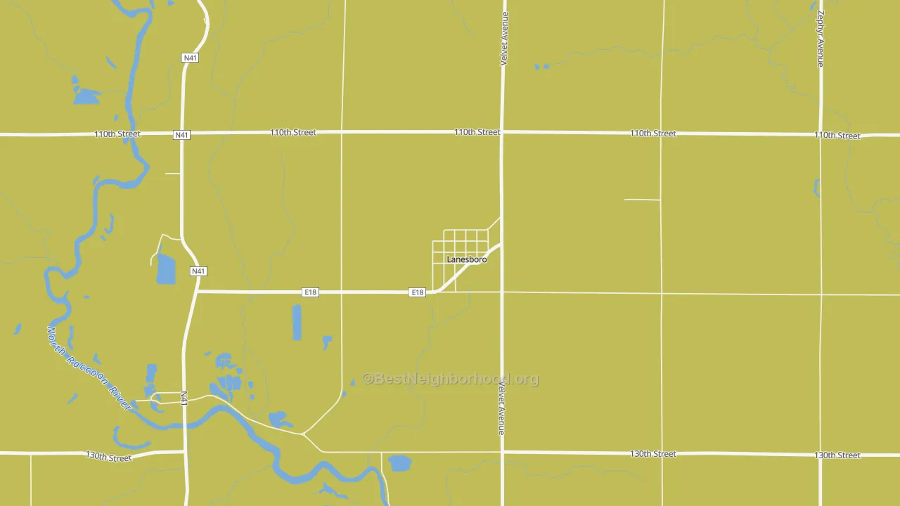 Map of the best neighborhoods in the 51451 area, with better matches in green and worse matches in red