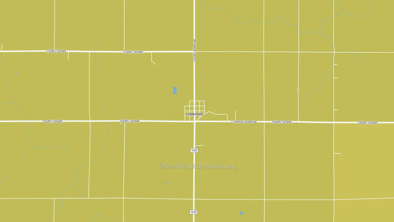 Map of the best neighborhoods in the 51452 area, with better matches in green and worse matches in red