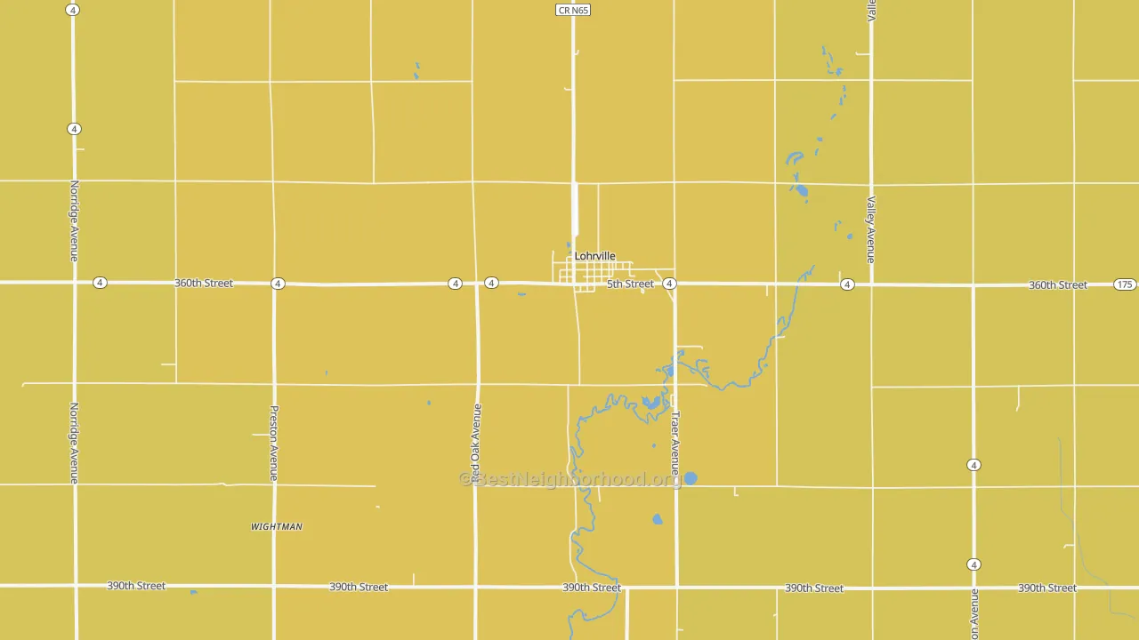Map of the best neighborhoods in the 51453 area, with better matches in green and worse matches in red
