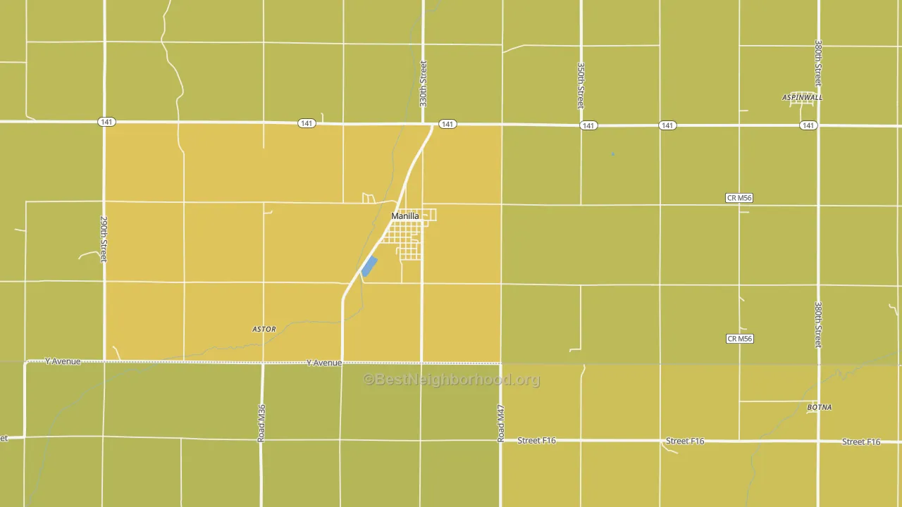 Map of the best neighborhoods in the 51454 area, with better matches in green and worse matches in red