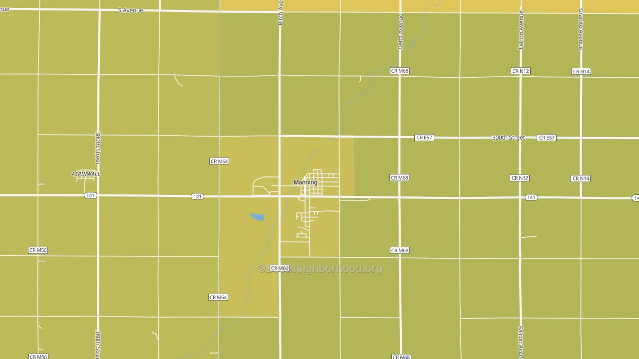 Map of the best neighborhoods in the 51455 area, with better matches in green and worse matches in red