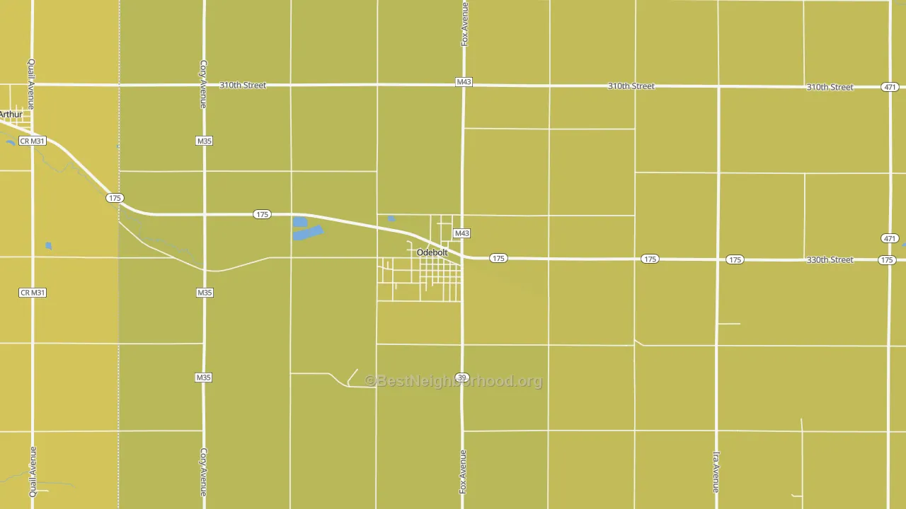 Map of the best neighborhoods in the 51458 area, with better matches in green and worse matches in red