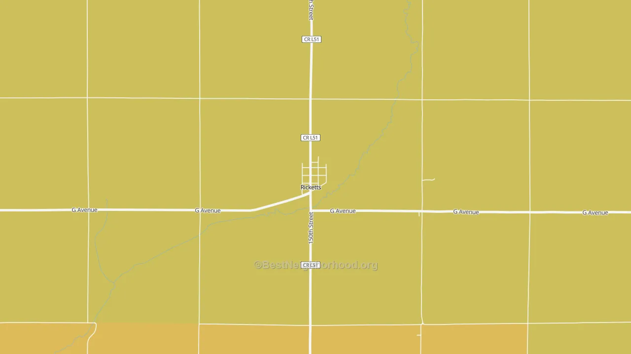 Map of the best neighborhoods in the 51460 area, with better matches in green and worse matches in red