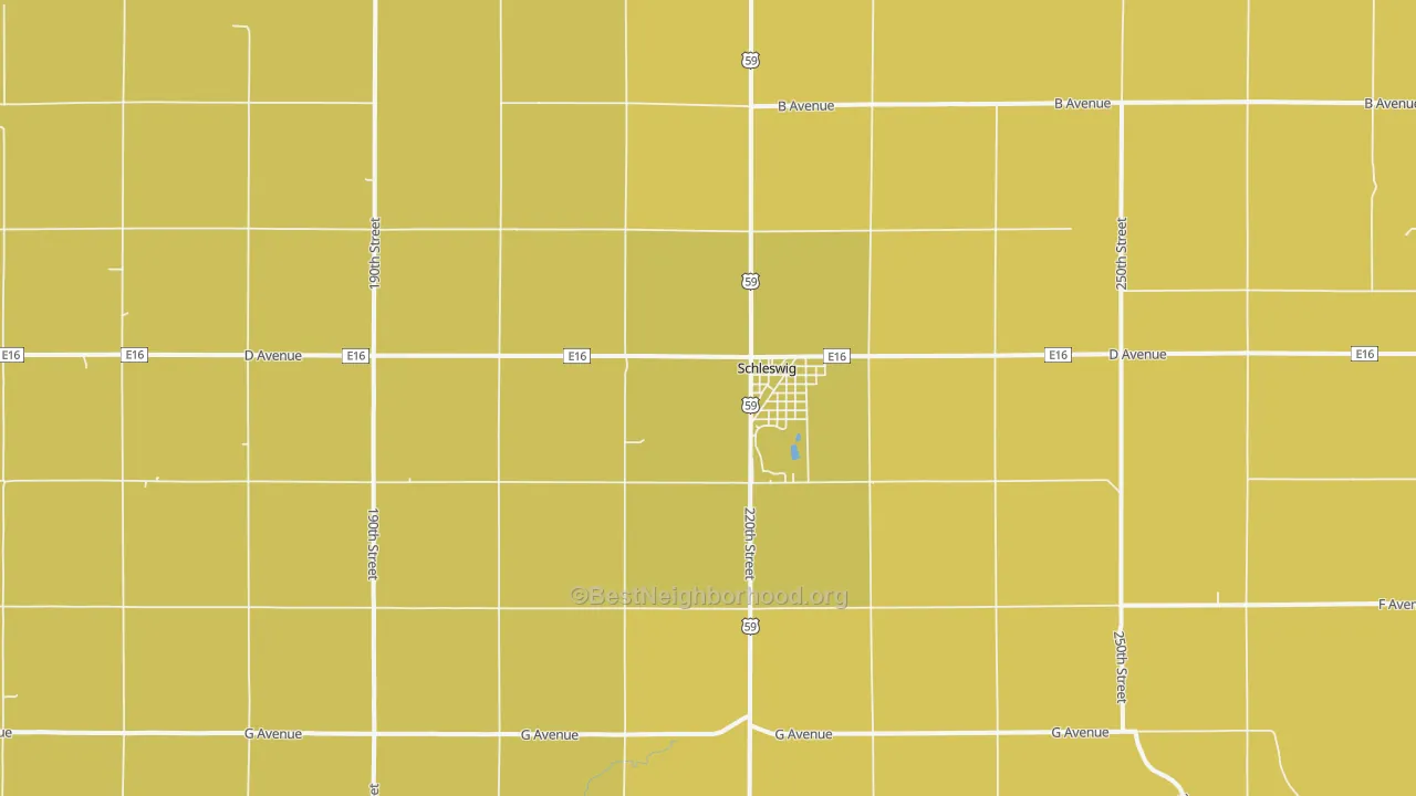 Map of the best neighborhoods in the 51461 area, with better matches in green and worse matches in red