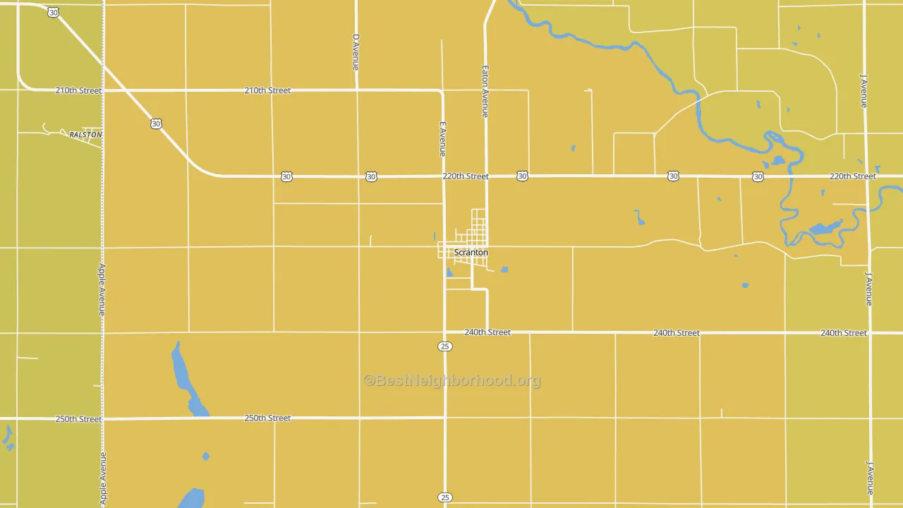 Map of the best neighborhoods in the 51462 area, with better matches in green and worse matches in red