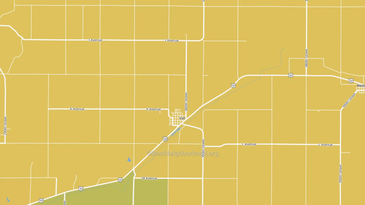 Map of the best neighborhoods in the 51465 area, with better matches in green and worse matches in red