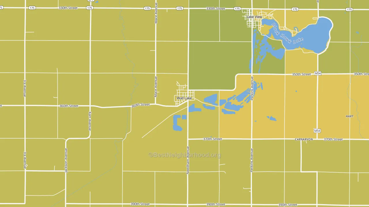 Map of the best neighborhoods in the 51466 area, with better matches in green and worse matches in red