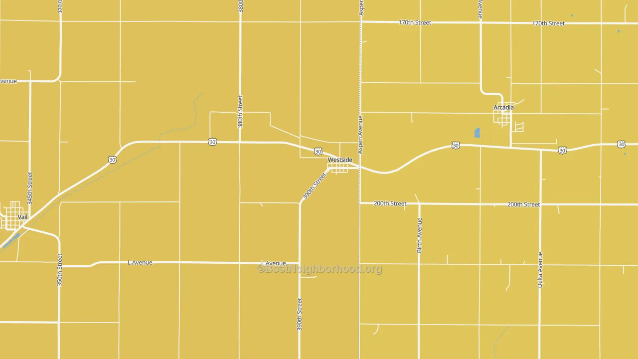 Map of the best neighborhoods in the 51467 area, with better matches in green and worse matches in red