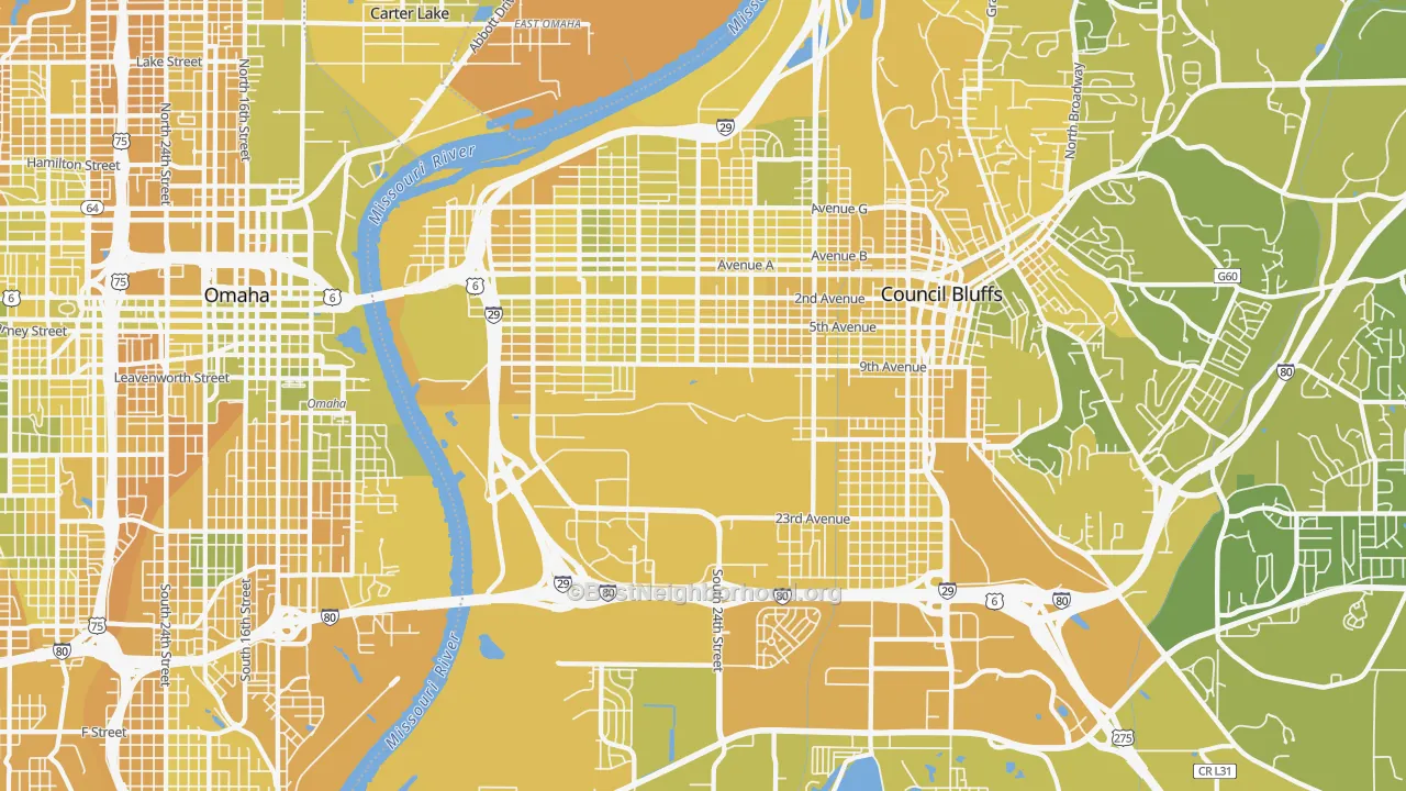 Map of the best neighborhoods in the 51501 area, with better matches in green and worse matches in red