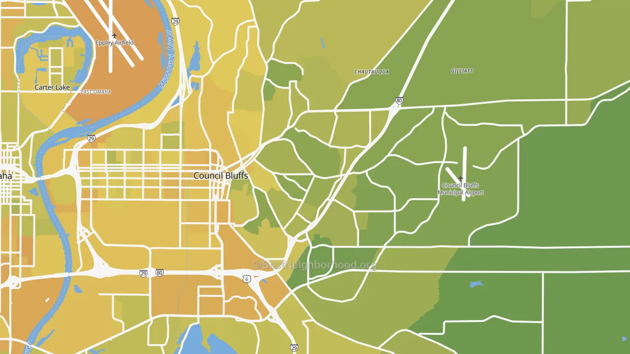 Map of the best neighborhoods in the 51503 area, with better matches in green and worse matches in red