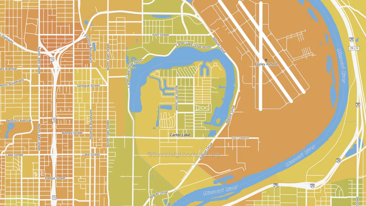 Map of the best neighborhoods in the 51510 area, with better matches in green and worse matches in red