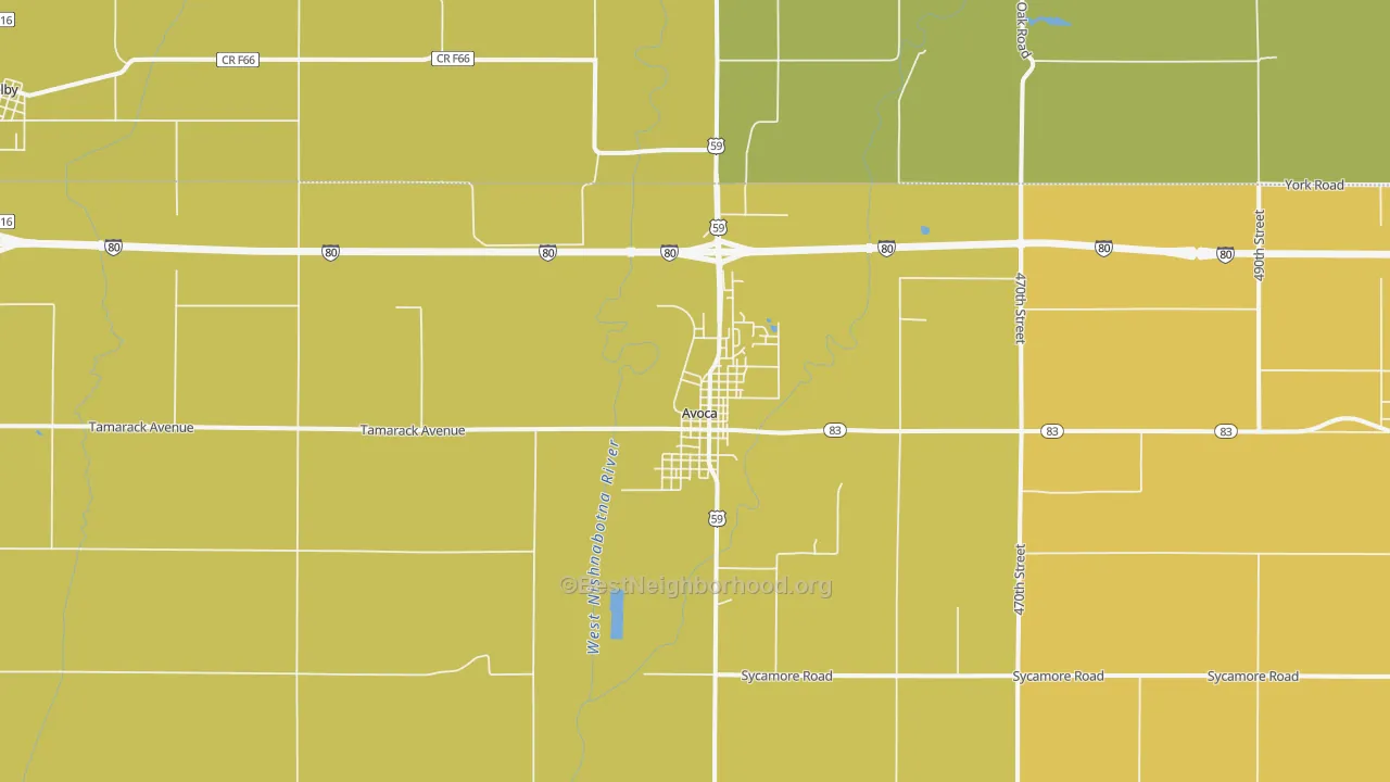 Map of the best neighborhoods in the 51521 area, with better matches in green and worse matches in red