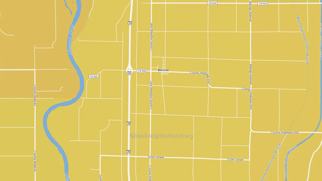Map of the best neighborhoods in the 51523 area, with better matches in green and worse matches in red