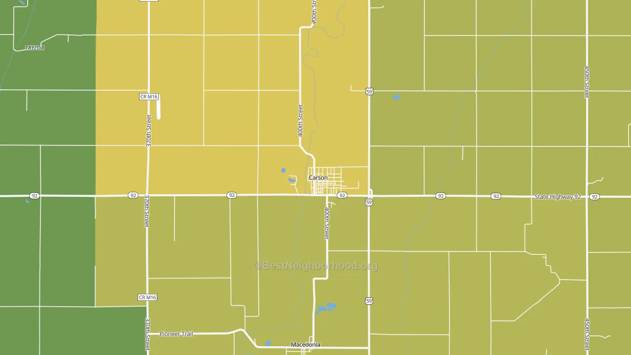Map of the best neighborhoods in the 51525 area, with better matches in green and worse matches in red