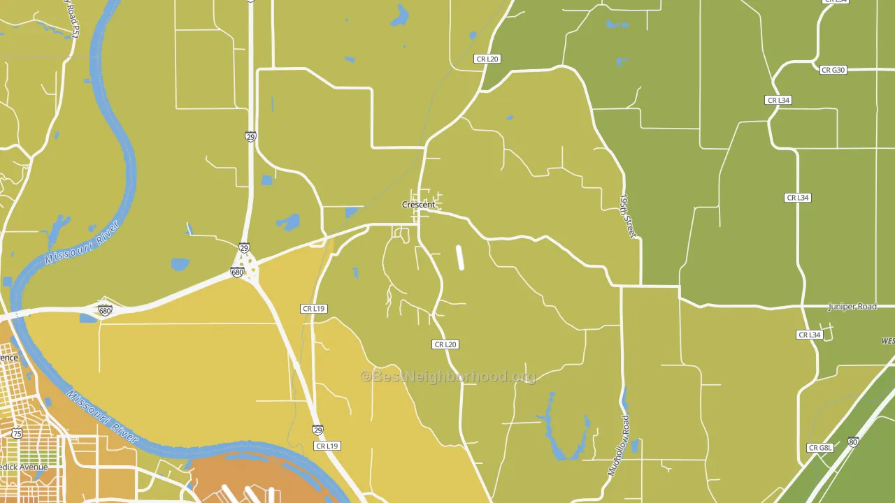 Map of the best neighborhoods in the 51526 area, with better matches in green and worse matches in red