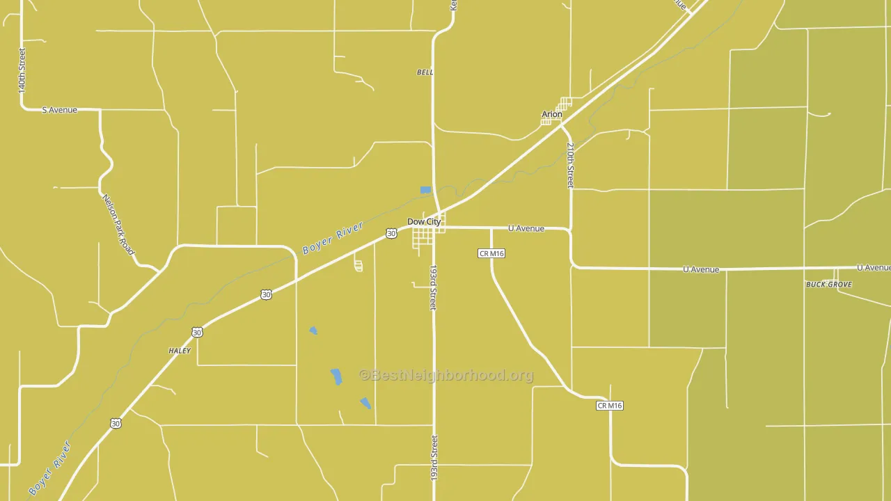 Map of the best neighborhoods in the 51528 area, with better matches in green and worse matches in red